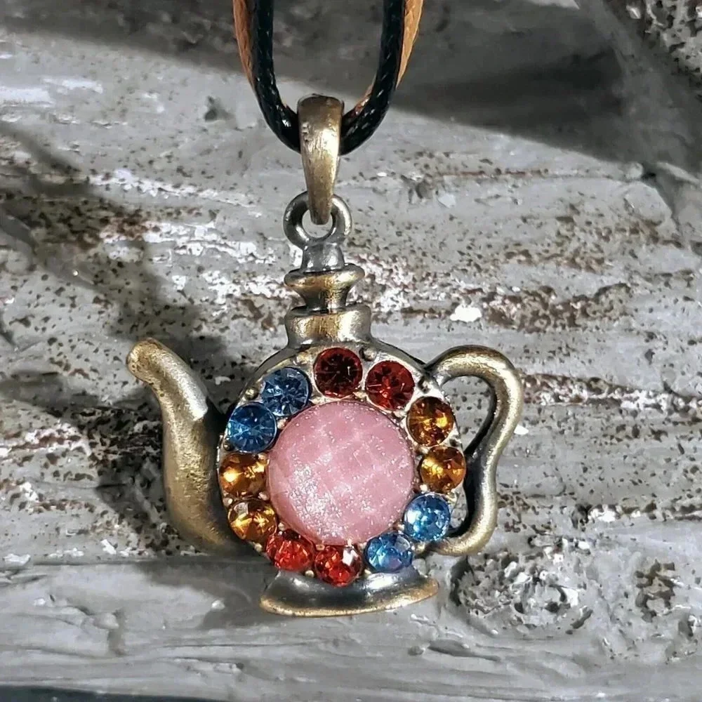 Rustic Antique Bronze Rhinestones Teapot Pendant Necklace Vegan Leather Cord - Picture 2 of 11